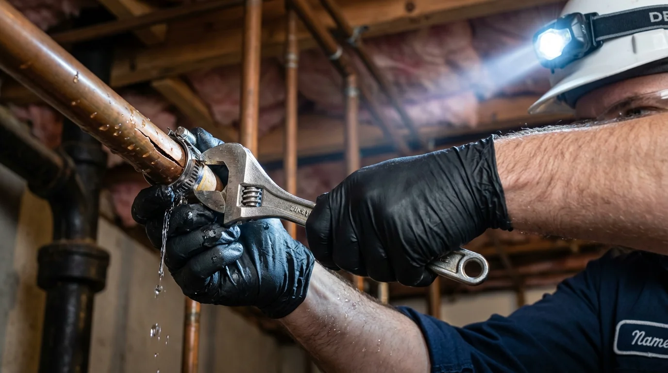 Emergency pipe clamp repair being performed by a Johns Plumbing LLC plumber in Patterson