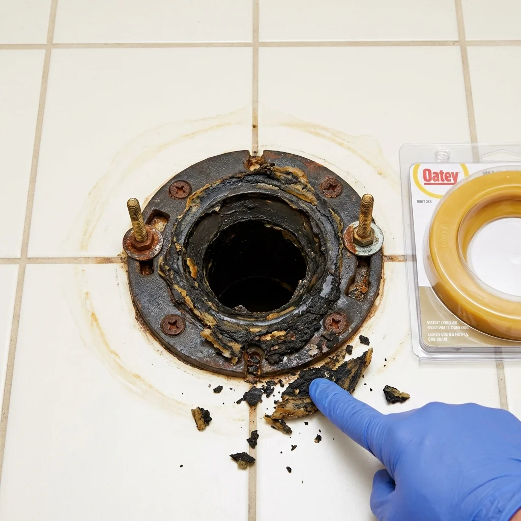 Failed wax ring showing water seepage at the base of a toilet in a Patterson, CA home