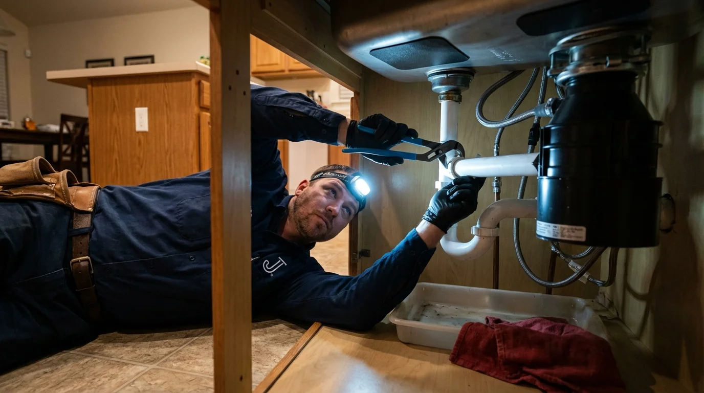 P-trap and supply line connections under a kitchen sink showing a common leak point in Patterson, CA